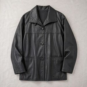Donna Pelle Black Leather Coat Womens Medium Longline 100% Leather 90s Classic